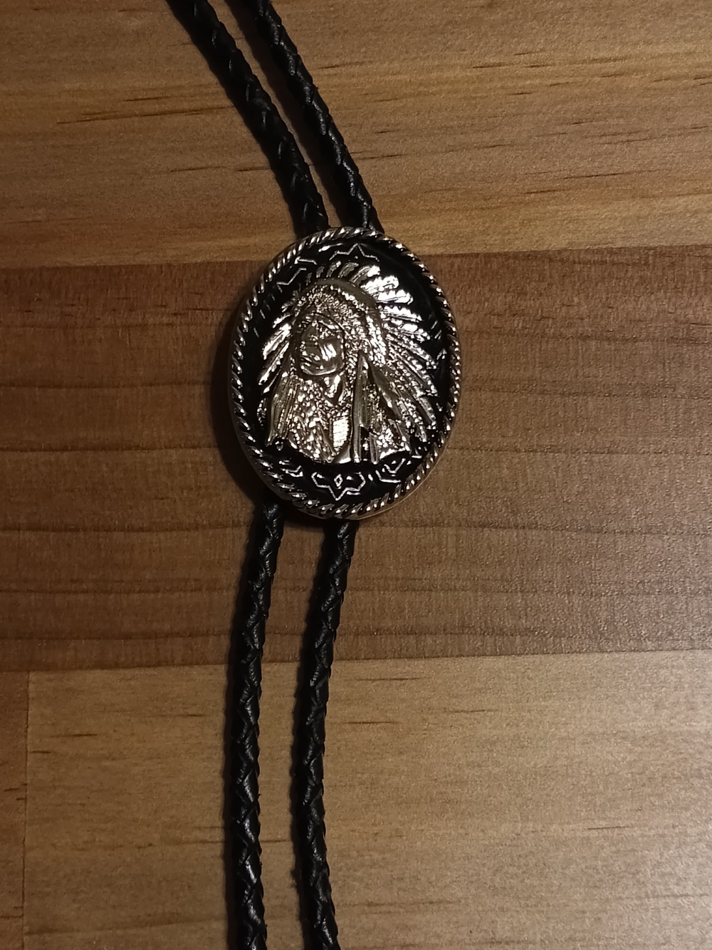 Western Bolo Tie with Silver Native Chief Medallion - Black